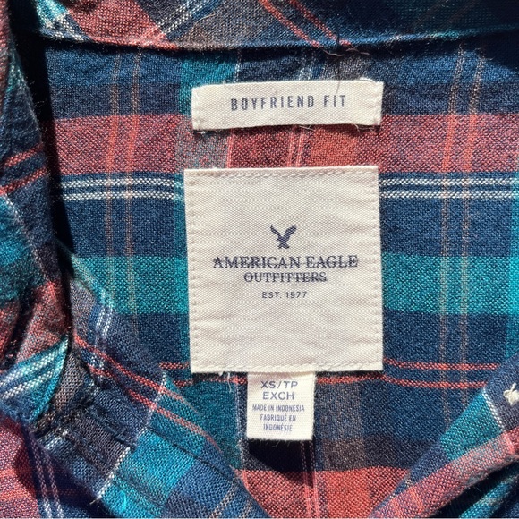 AEO Soft Plaid Flannel Boyfriend Fit Turquoise Rust Button Down Shirt - Size XS - Picture 11 of 14
